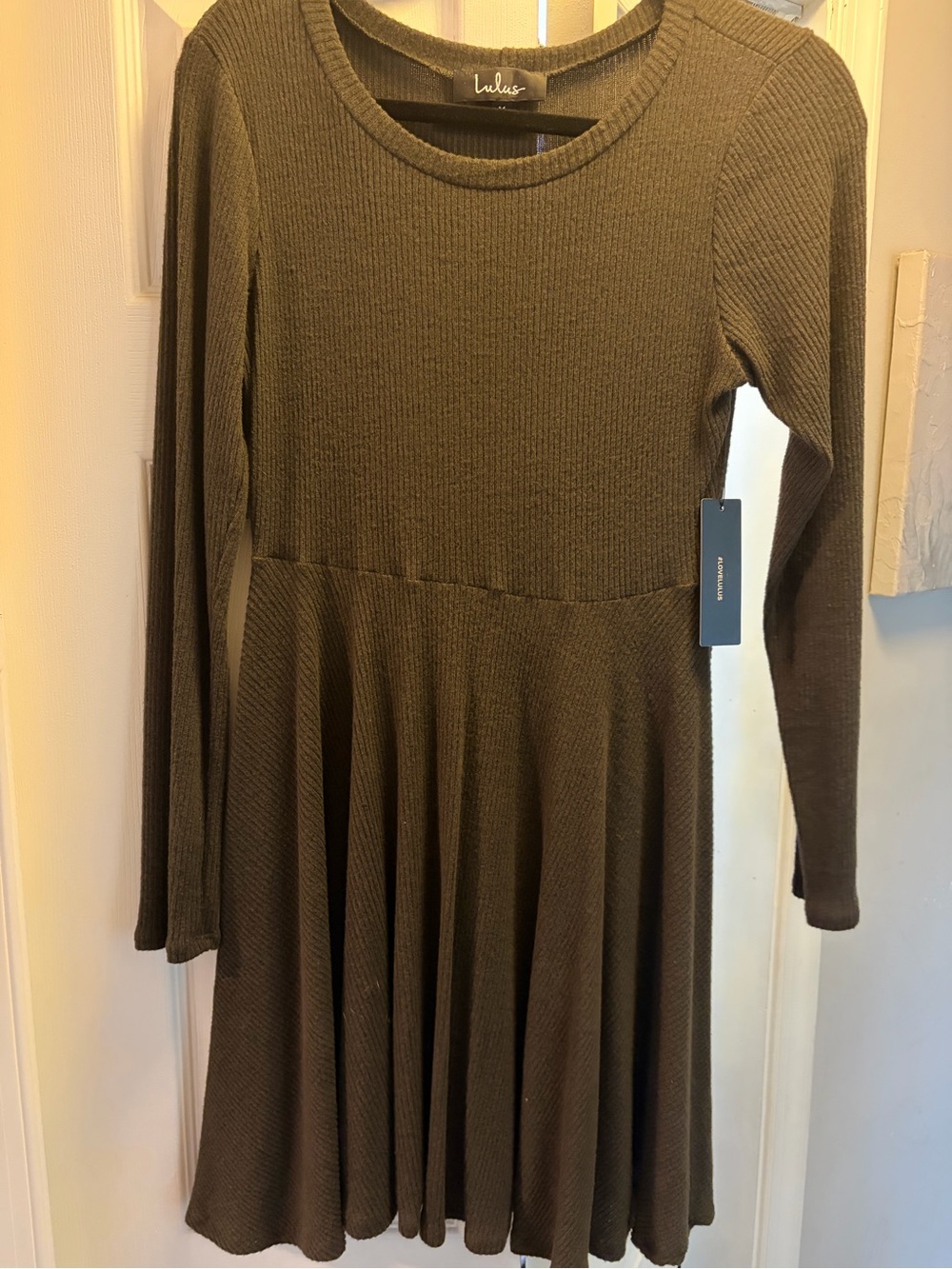 Lulu's Olive Ribbed Long Sleeve Fit-and-Flare Dress